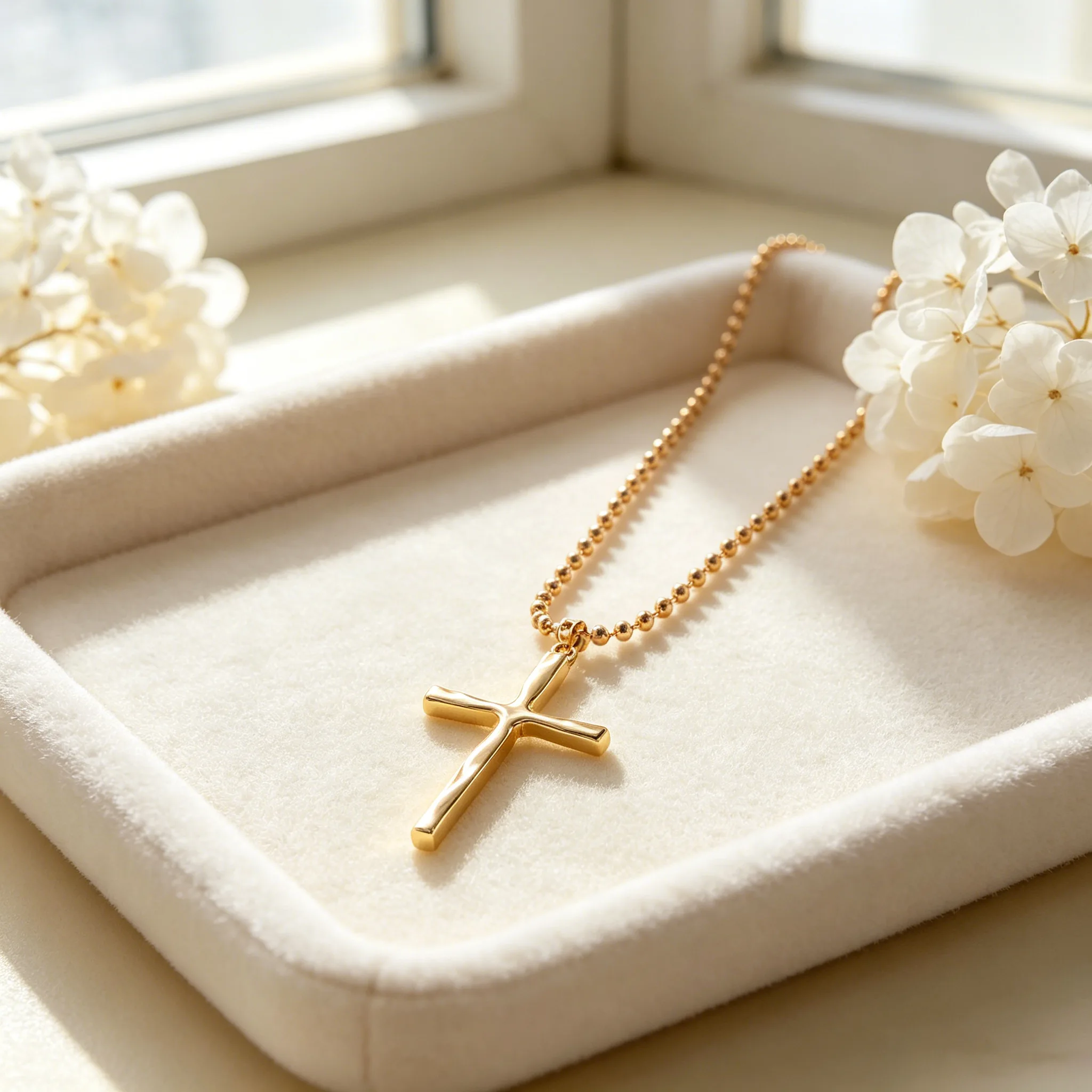 Textured Wavy Cross Pendant Round Ball Bead Chain Necklaces Gold Silver Tone Minimal Dainty Layering Jewelry for Women Daily Party view 3