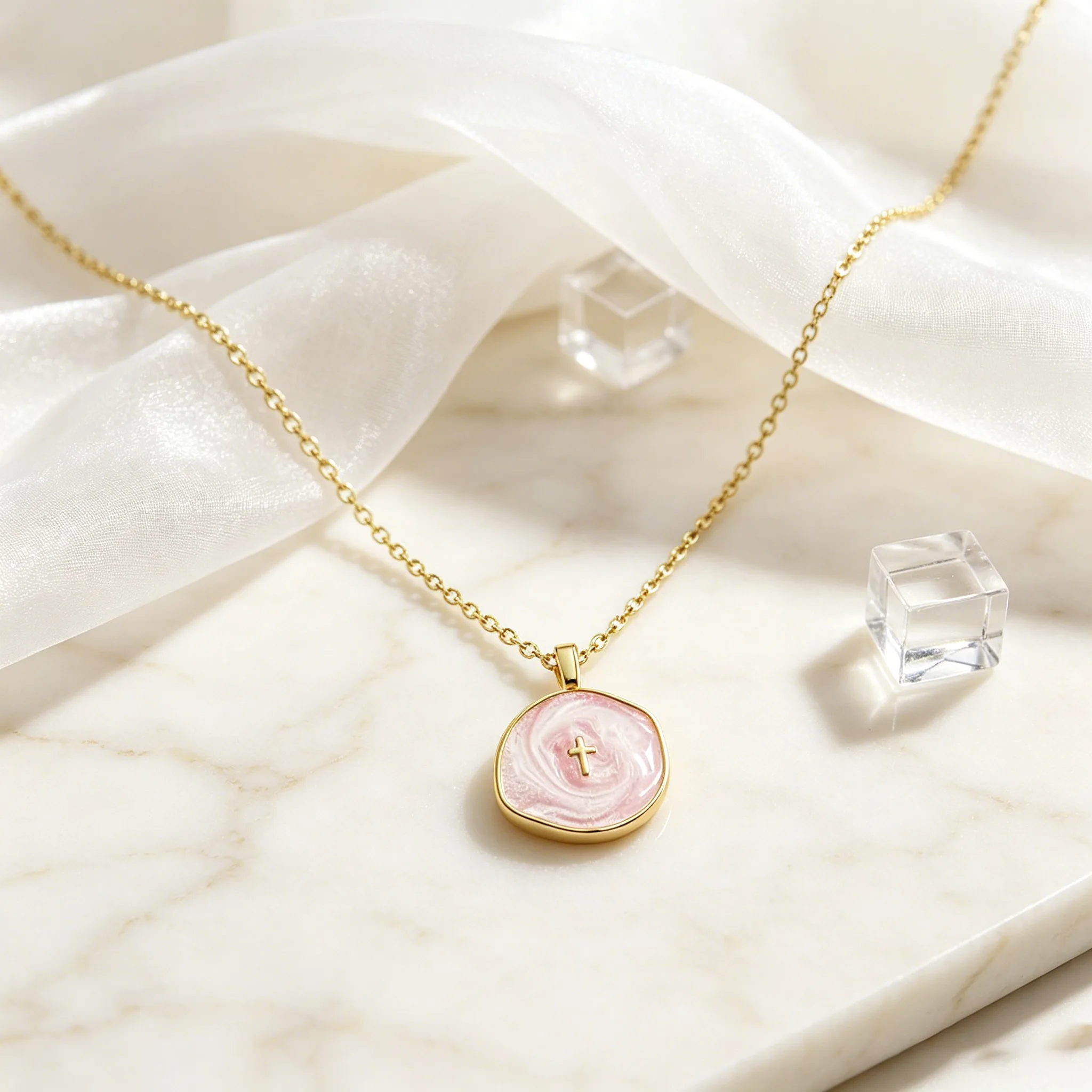 Multicolor Swirl Enamel Hexagon Cross Pendant Thin Clavicle Necklaces Gold Tone Copper Minimal Dainty Daily Stackable Women Faith Jewelry view 2
