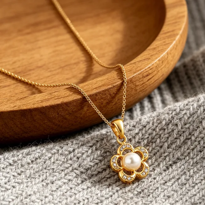 Camellia Flower Pearl Pendant Necklace Stainless Steel CZ Necklaces for Women Floral Elegant Korean Sweet Wedding Bridal Daily view 3