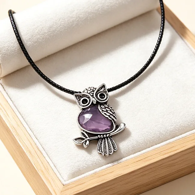 Owl Natural Crystal Pendant Necklace Healing Gemstone Necklaces for Women Animal Quartz Vintage Boho Reiki Amulet Statement view 3