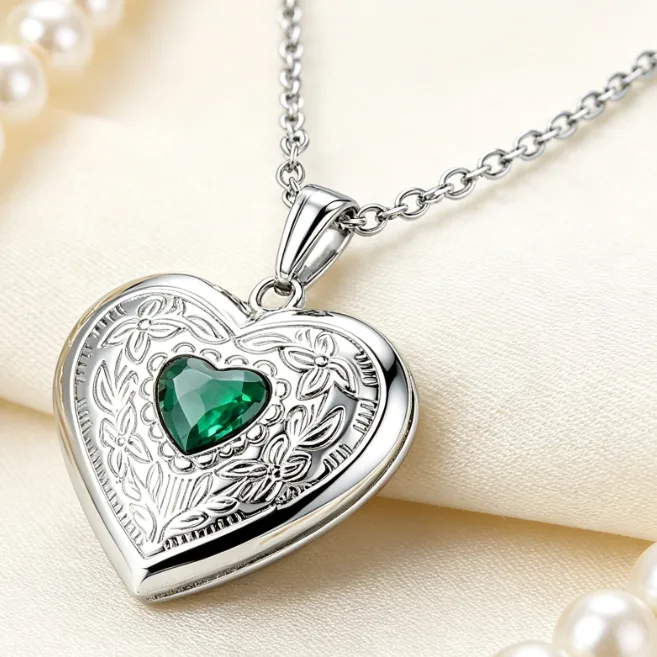 Heart Locket Pendant Necklace Stainless Steel Birthstone Necklaces for Women Photo Floral Vintage Memorial Anniversary Love Gift view 3