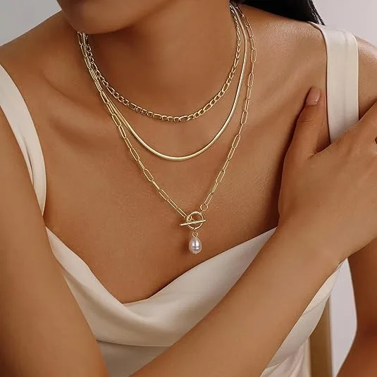 Three Layer Flat Snake Paperclip Chain OT Toggle Baroque Pearl Pendant Necklaces Elegant Stackable Women Daily jewelry view 3