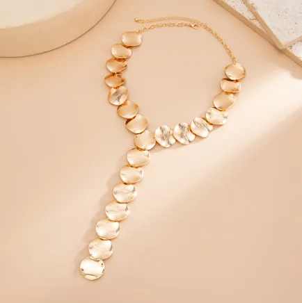 Polished Brushed Round Y Drop Tassel Choker Bold Geometric Oversized Trendy Fashion Long Statement Necklaces Chunky Jewelry for Women view 2