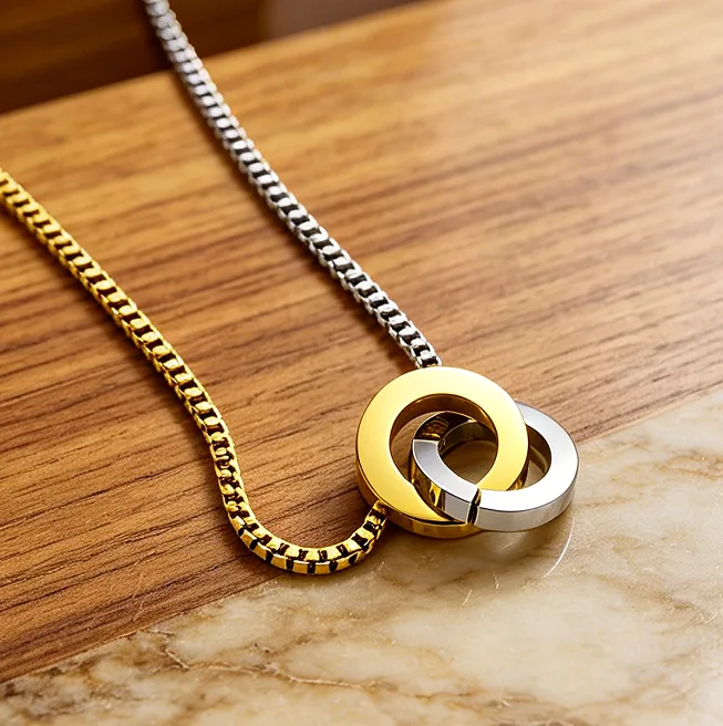 Interlocking Circle Pendant Necklace 18K Gold Plated Stainless Steel Box Chain Dainty Necklaces for Women Couples Anniversary