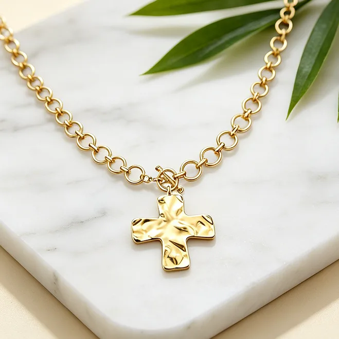 Hammered Cross Pendant Toggle Stainless Steel Chunky Chain Necklaces for Women OT Statement Religious Streetwear Necklace view 2