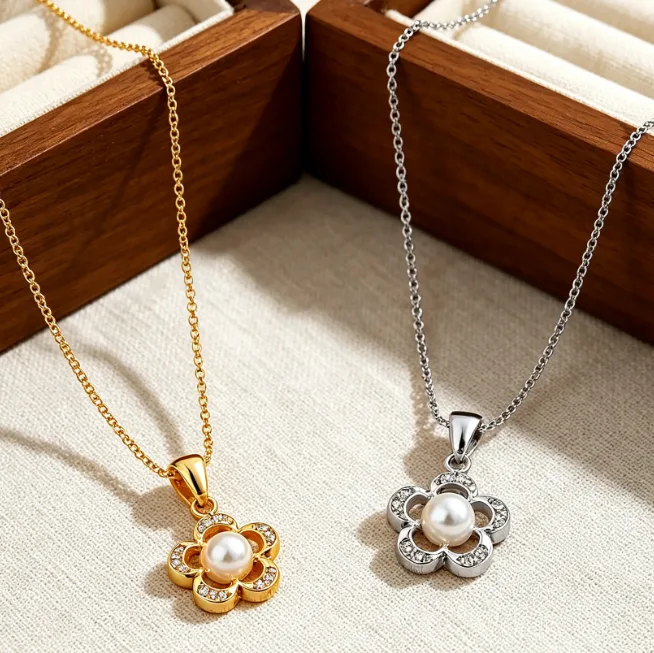 Camellia Flower Pearl Pendant Necklace Stainless Steel CZ Necklaces for Women Floral Elegant Korean Sweet Wedding Bridal Daily