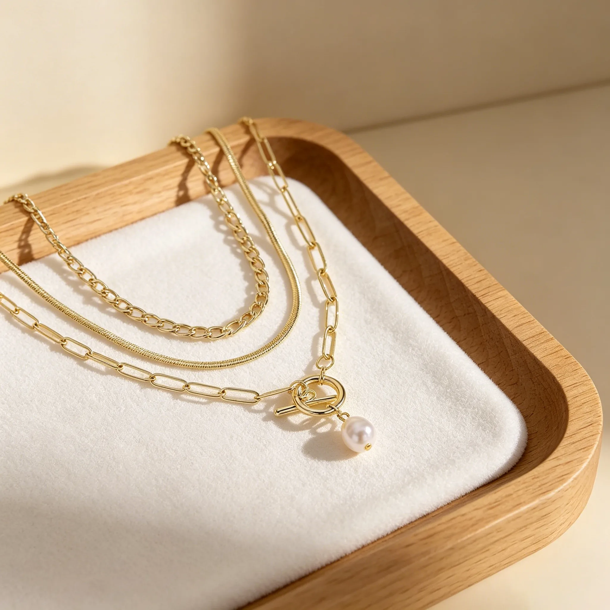 Three Layer Flat Snake Paperclip Chain OT Toggle Baroque Pearl Pendant Necklaces Elegant Stackable Women Daily jewelry