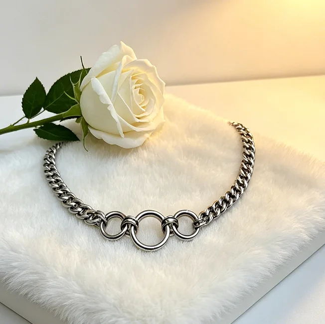 Triple O Ring Cuban Curb Chain Choker Necklace Alloy Punk Jewelry Hip Hop Grunge Y2K Streetwear Gothic Unisex Trendy Jewelry