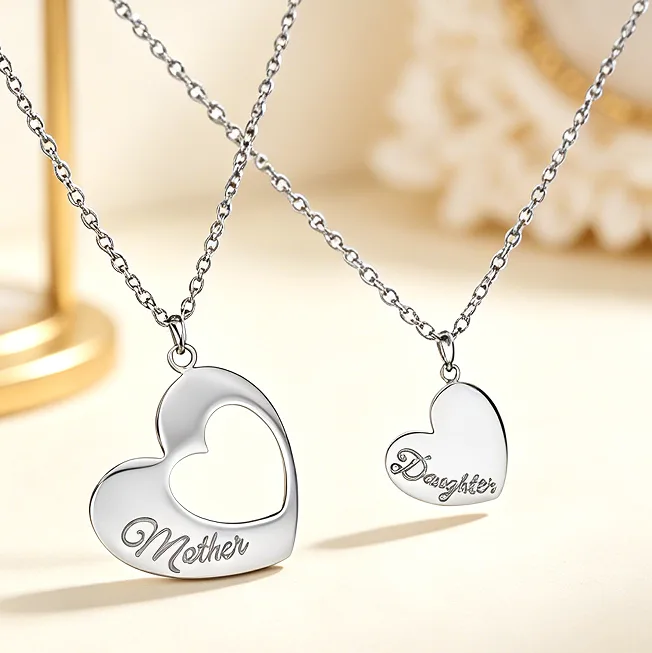 Mother Daughter Heart Pendant Necklace Set Stainless Steel Necklaces for Women Matching Family Love Engraved Memorial Gift