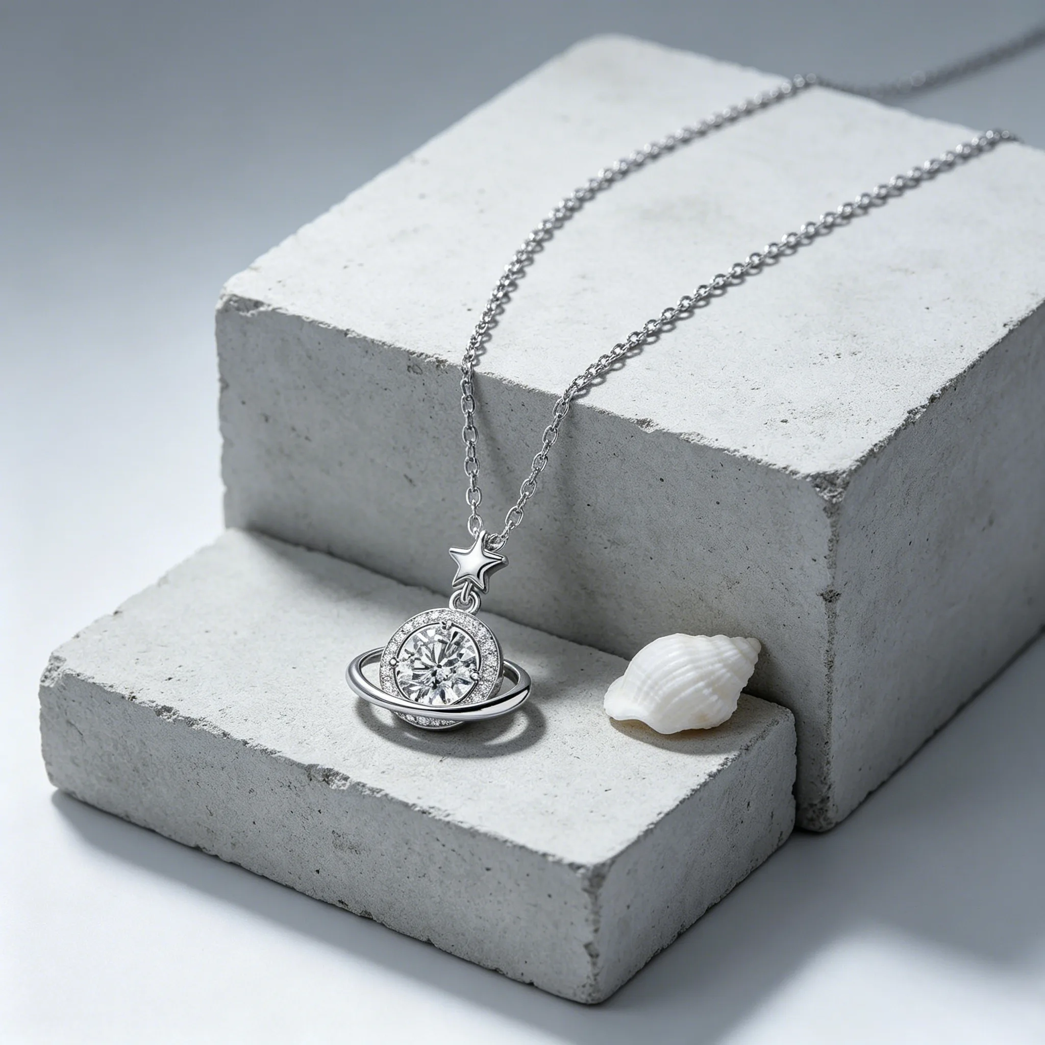 Waterproof Anti Tarnish Stainless Steel Sparkling Zircon Saturn Star Pendant Dainty Clavicle Necklaces Minimalist Chain Women Daily Jewelry view 2