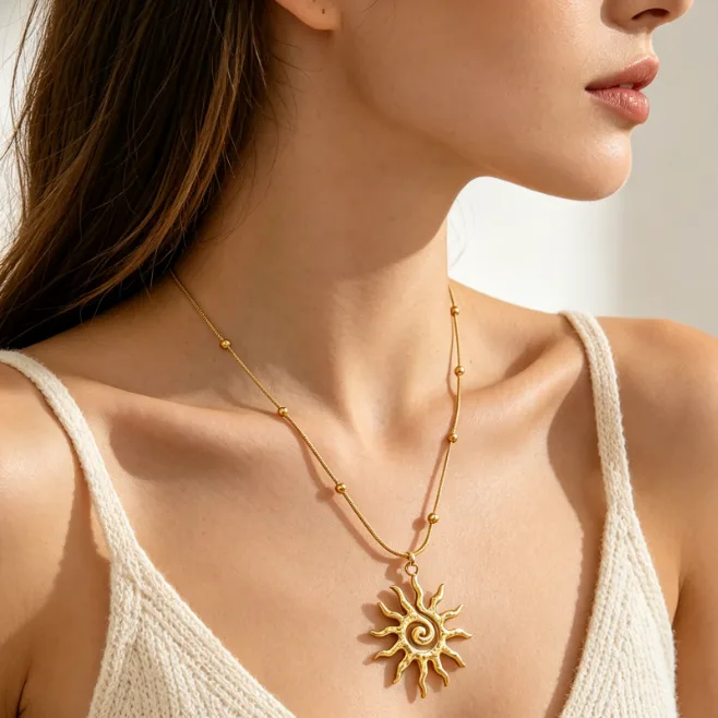 Spiral Sun Pendant Necklace Stainless Steel Snake Chain Necklaces for Women Boho Sunburst Vintage Statement Layered Jewelry view 3