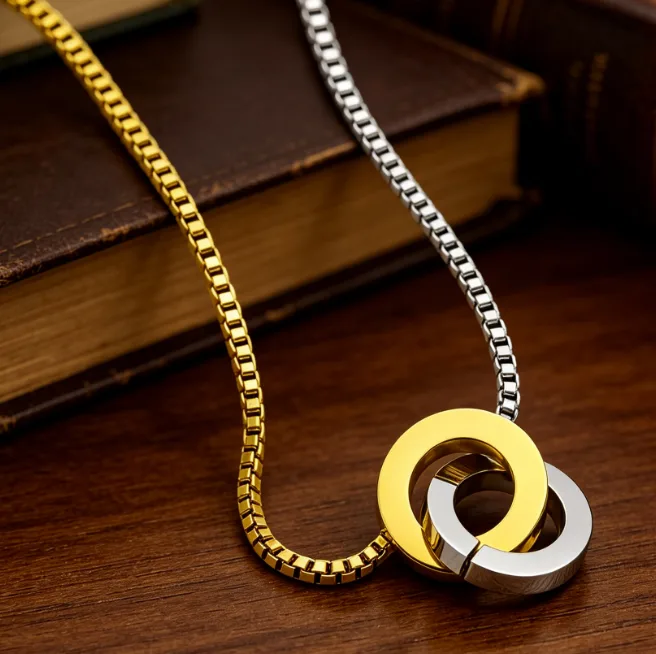 Interlocking Circle Pendant Necklace 18K Gold Plated Stainless Steel Box Chain Dainty Necklaces for Women Couples Anniversary view 2