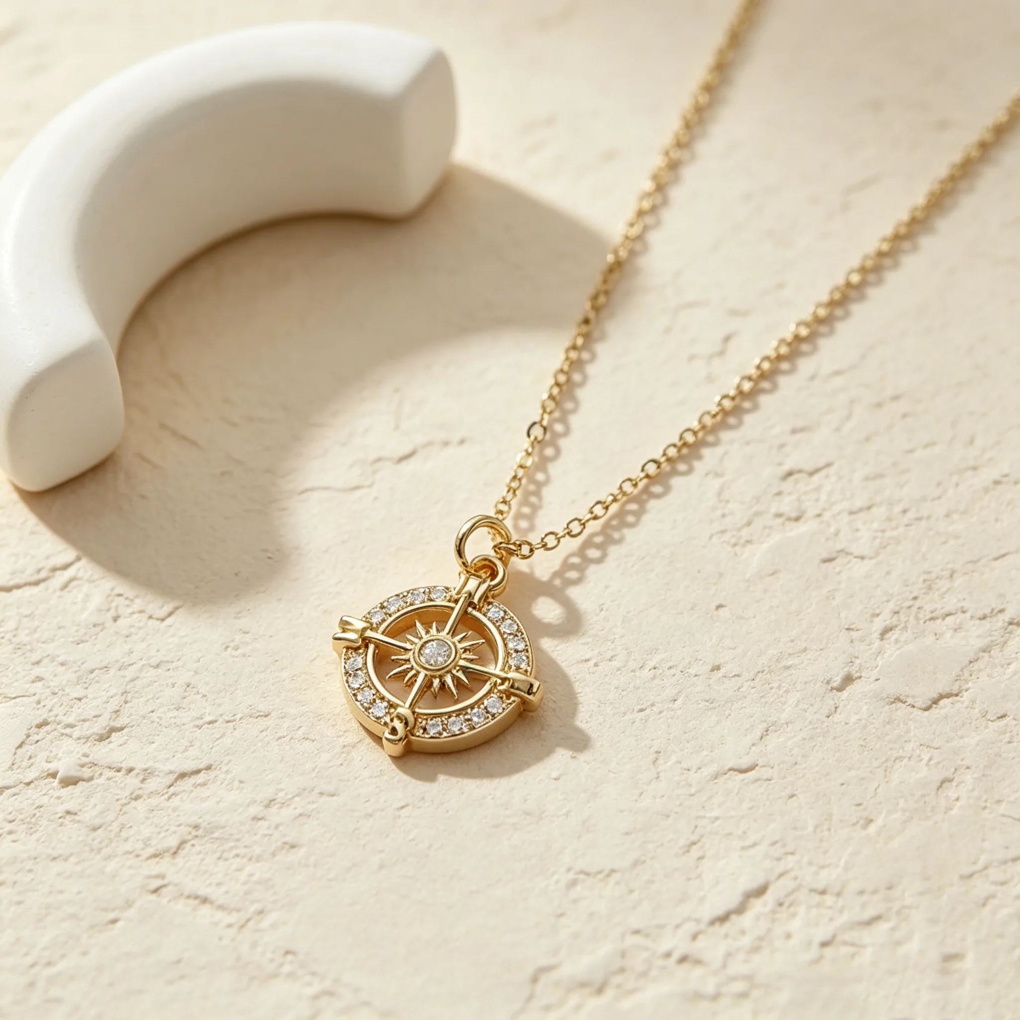 Shiny Zircon Hollow Compass Sun Pendant Thin Chain Charm Necklaces Fashion Graduation Mother's Day Gift Jewelry for Women