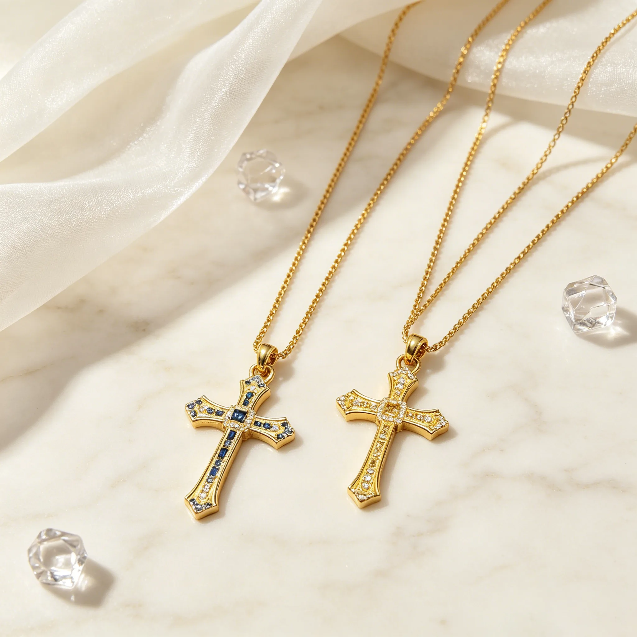 24K Gold Plated Copper Long Lasting Blue Clear Zircon Cross Pendant Snake Chain Long Sweater Necklaces Vintage Luxury Faith Women Statement Jewelry view 2