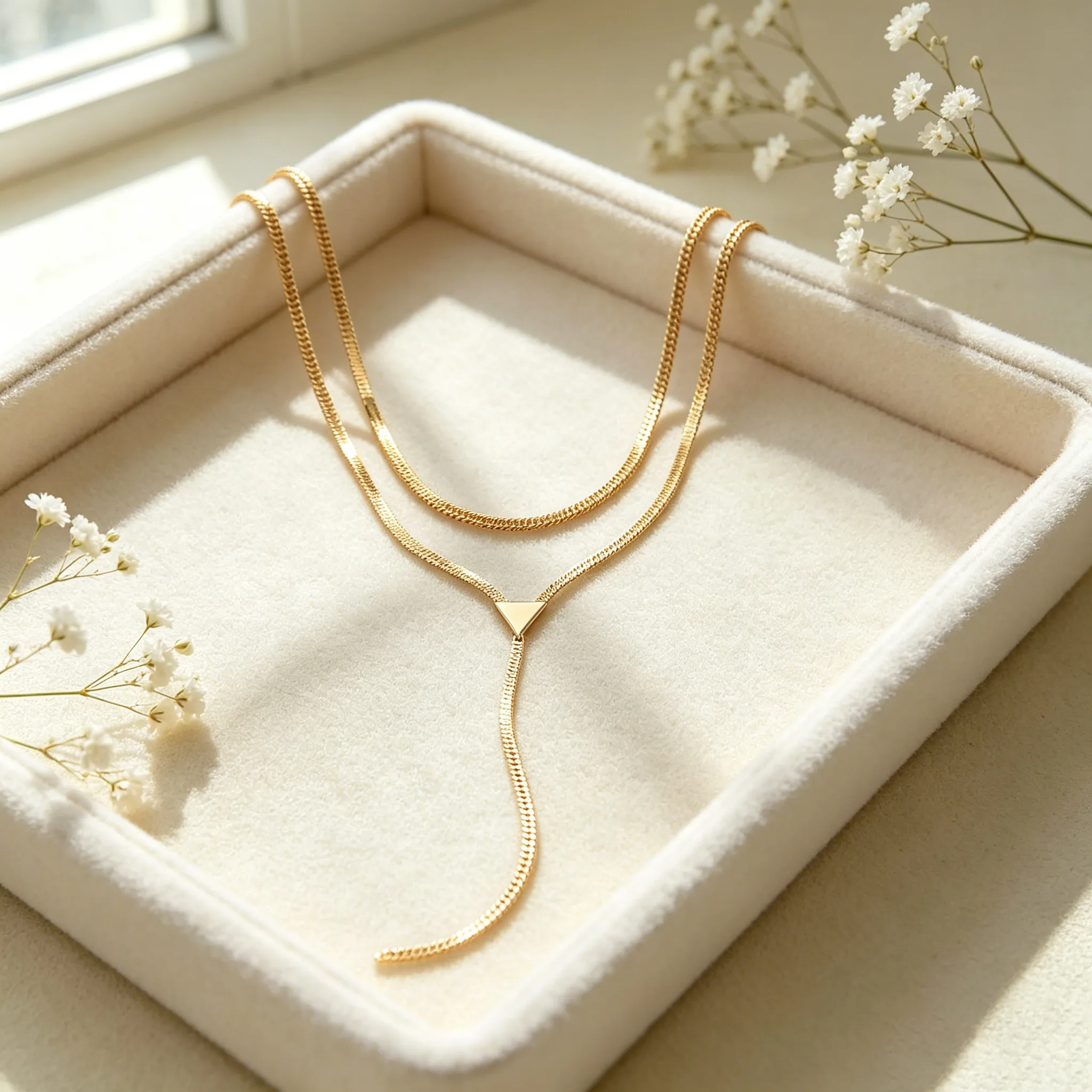 Two Layer Flat Snake Chain Y Shape Choker Necklaces Triangle Pendant Silver Gold Tone Minimalist Trendy Women Evening Party Jewelry view 3