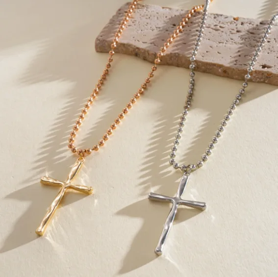 Textured Wavy Cross Pendant Round Ball Bead Chain Necklaces Gold Silver Tone Minimal Dainty Layering Jewelry for Women Daily Party view 2