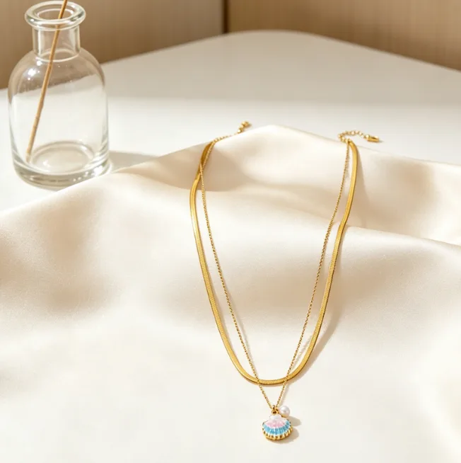 Boho Layered Enamel Shell Pearl Pendant Necklace Stainless Steel Herringbone Chain Necklaces for Women Fashion Ocean Beach Jewelry view 3
