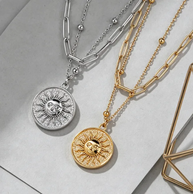 Wholesale Layered Sun Coin Pendant Stainless Steel Necklaces for Women Sunburst Celestial Paperclip Boho Vintage Gift Jewelry view 2
