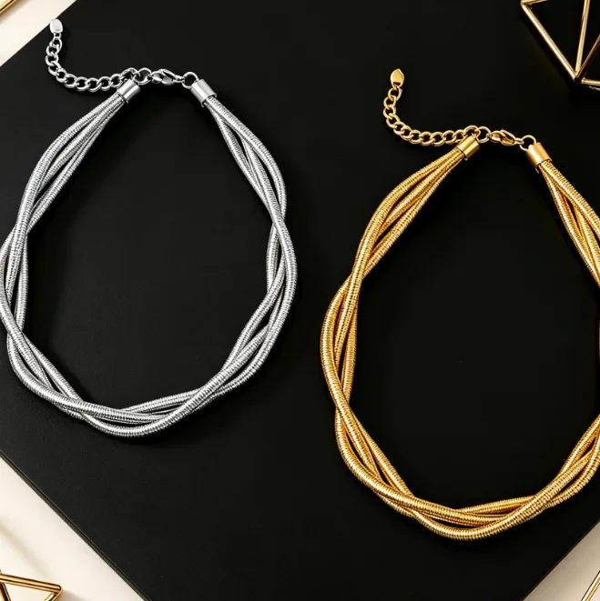 Triple Twisted Snake Chain Choker 18K Gold Plated Stainless Steel Chunky Punk Jewelry Necklaces for Women Men Luxury Jewelry