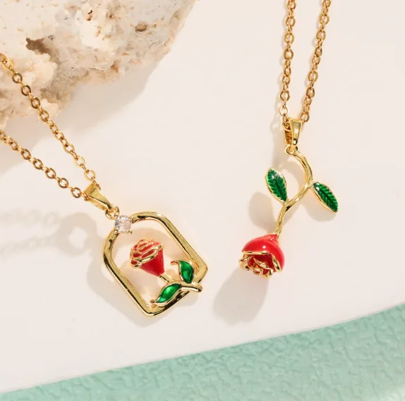 Glossy Enamel Red Rose Floral Pendant Thin Cable Chain Necklaces Golden Minimal Romantic Dainty DIY Layering Women Daily Fashion Jewelry view 3
