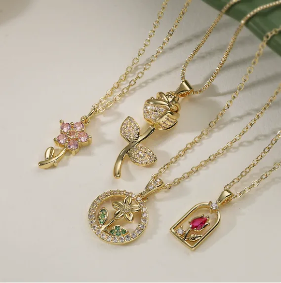 18K Gold Plated Sparkly Multi Zircon Rose Floral Pendant Thin Link Chain Necklaces Gold Tone Vintage Elegant Dainty Versatile Women Daily Fashion Jewelry