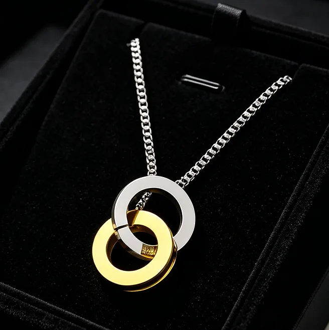 Interlocking Circle Pendant Necklace 18K Gold Plated Stainless Steel Box Chain Dainty Necklaces for Women Couples Anniversary view 3