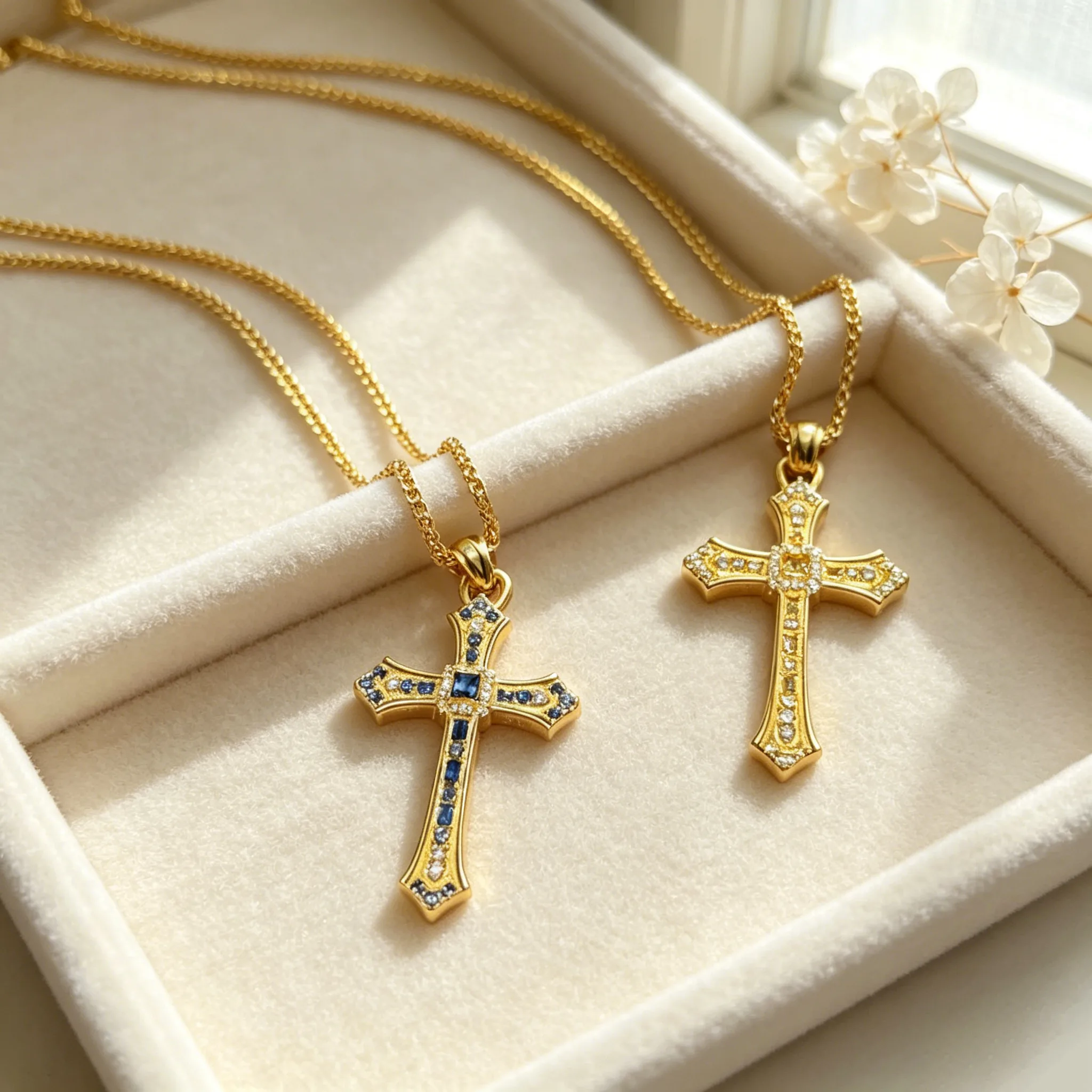 24K Gold Plated Copper Long Lasting Blue Clear Zircon Cross Pendant Snake Chain Long Sweater Necklaces Vintage Luxury Faith Women Statement Jewelry