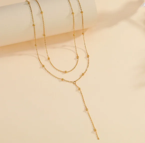 Anti-Fade Vacuum Plated Hypoallergenic Stainless Steel Double Layer Beaded Y Lariat Tassel Stackable Necklaces Jewelry for Women