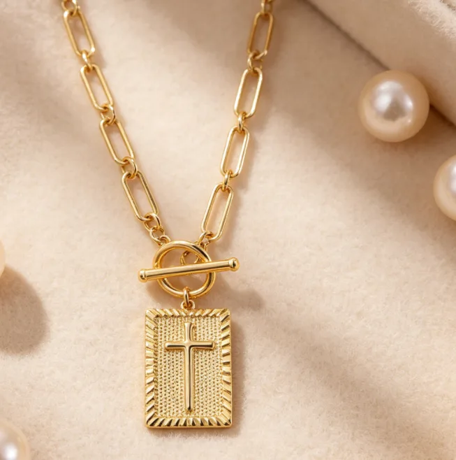 Wholesale 18K Gold Plated Square Pendant Toggle Stainless Steel Paperclip Necklaces for Women OT Cross Statement Chunky Jewelry view 2
