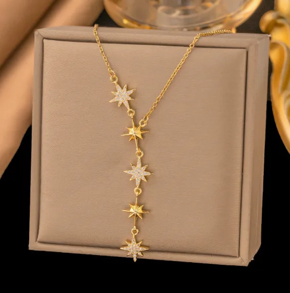 Fashion Sparkly Zircon 5 Eight Pointed Star Y Drop Pendant Thin Chain Necklaces Dainty Elegant Layering Jewelry for Women Daily Party view 3