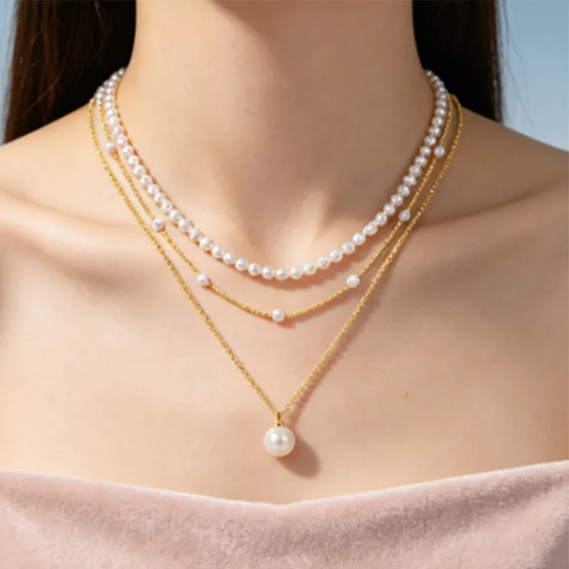 Wholesale Imitation Pearl Layered Pendant Stainless Steel Necklaces for Women Dainty Beaded Wedding Bridal Elegant Boho Aesthetic Gift Jewelry view 2