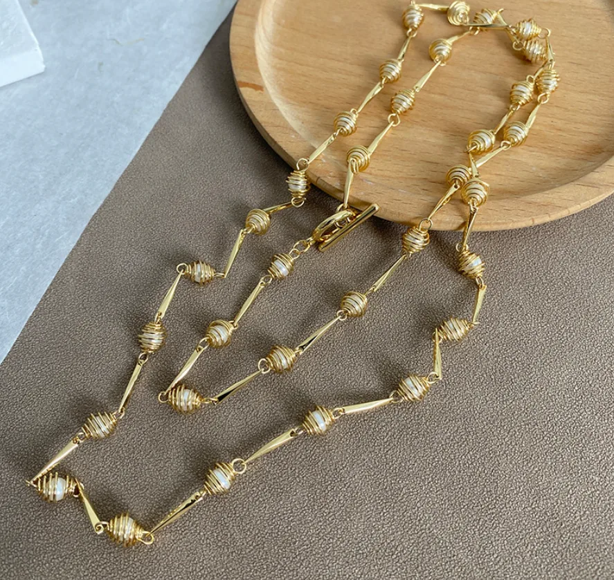 Gold Plated Twisted Wrapped Pearl Bar Link Toggle OT Clasp Dainty Luxury Layering Versatile Necklaces Jewelry for Women Wedding Gift view 2