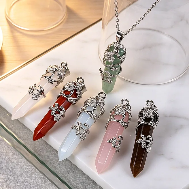 Natural Crystal Hexagonal Point Pendant Necklace Healing Gemstone Necklaces for Women Quartz Reiki Chakra Flower Amulet Jewelry