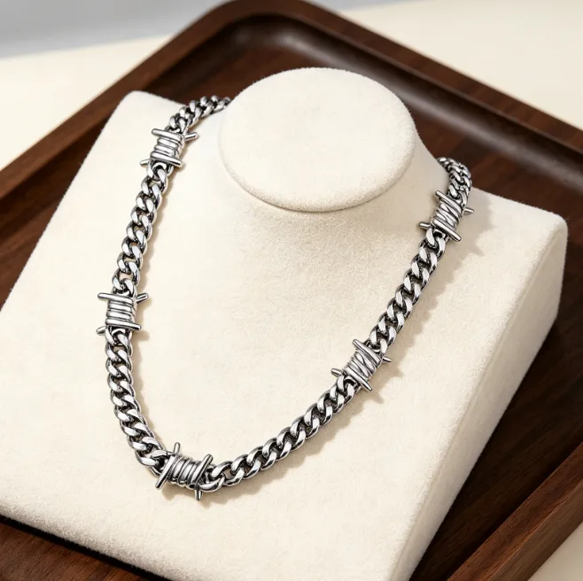 Wholesale Barbed Wire Cuban Curb Link Chain Necklace Stainless Steel Men Jewelry Hip Hop Punk Gothic Streetwear Thorns Jewelry view 2