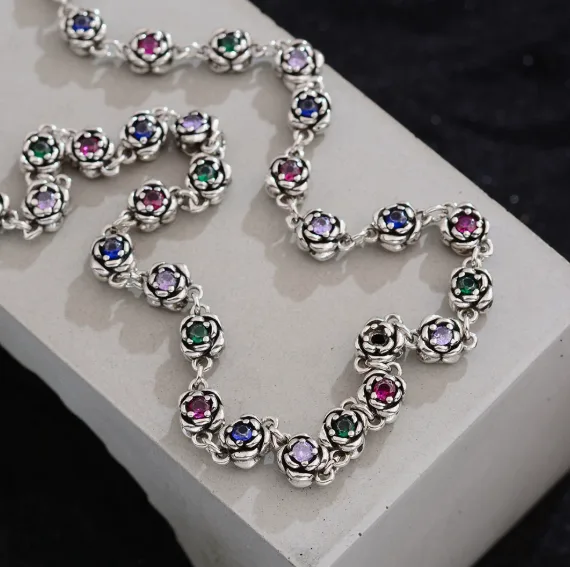 Colorful Rainbow Zircon Rose Flower Link Toggle Clasp Silver Tone Cool Minimal Chic Unique Women Statement Fashion Boho Necklaces view 3