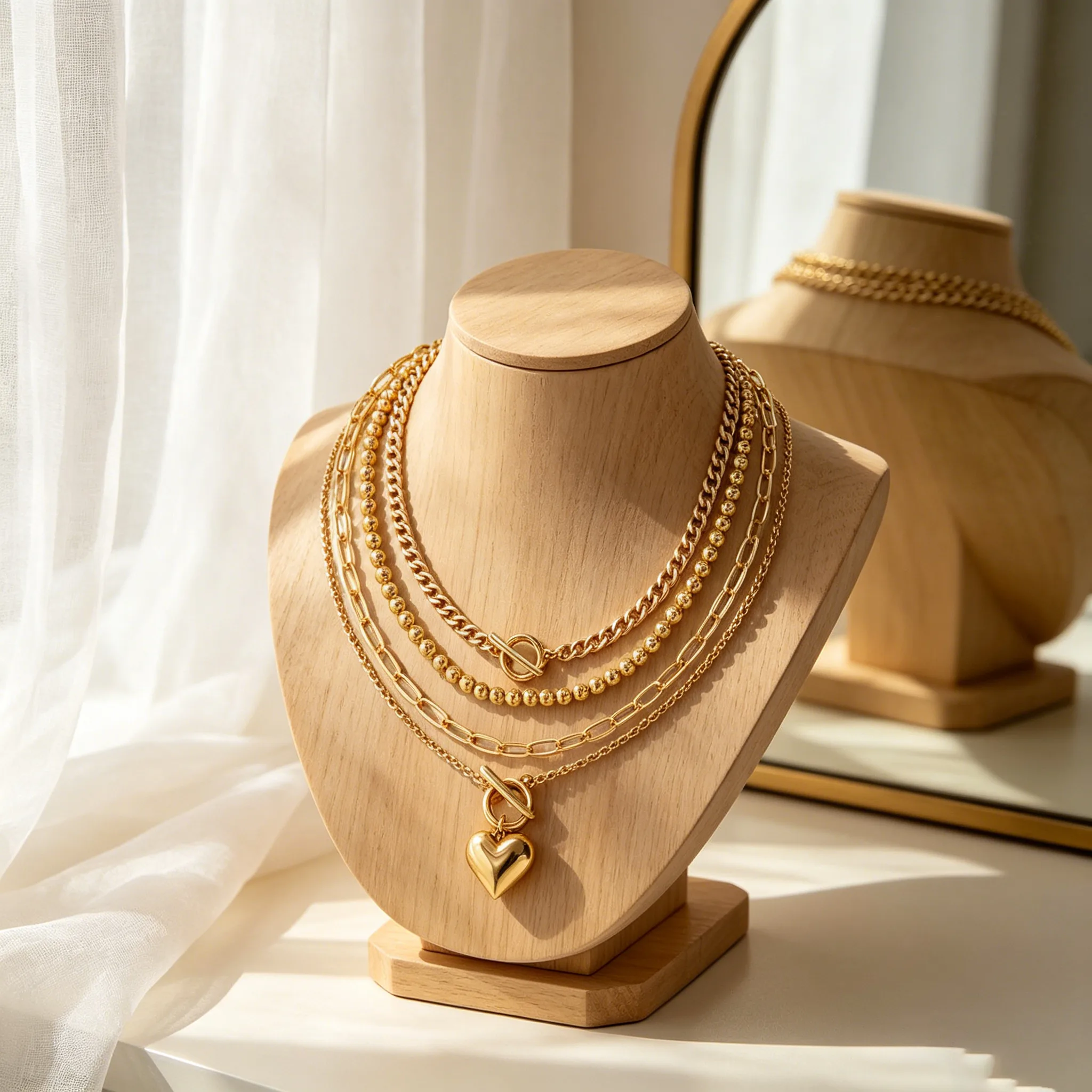 Multi Layer Ball Bead Paperclip Chain OT Toggle Solid Heart Pendant Gold Tone Hip Hop Stackable Women Statement Necklaces view 2