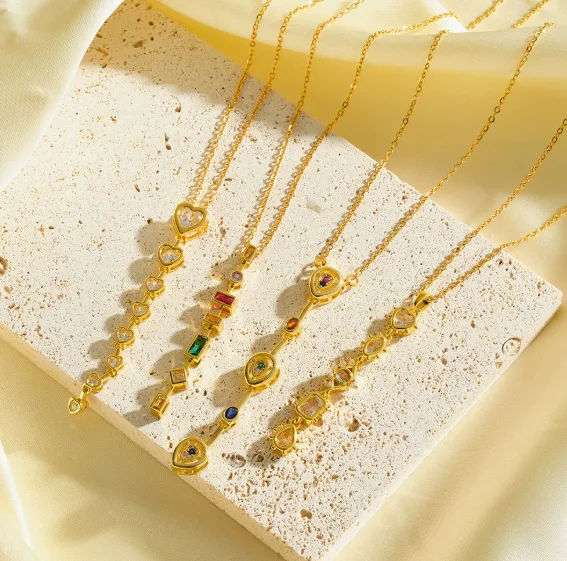 Hypoallergenic Waterproof Anti-Tarnish Stainless Steel Multi Color Heart Zircon Y Drop Pendant Thin Chain Elegant Versatile Necklaces Wholesale Jewelry for Women view 3