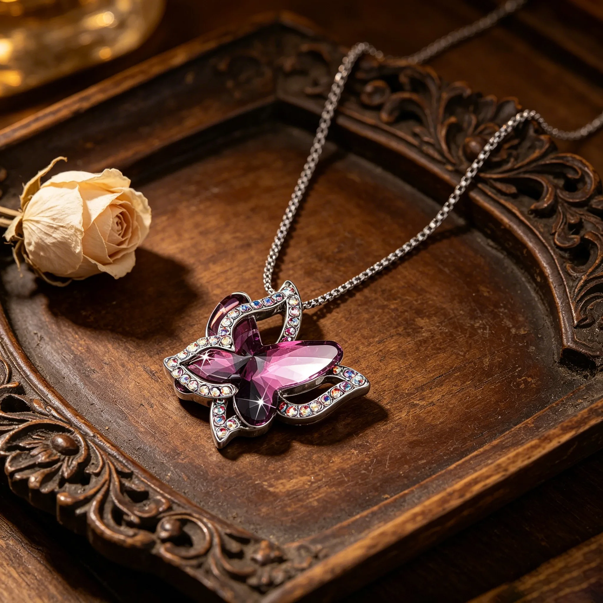 Multi Color Birthstone Crystal Butterfly Pendant Necklaces Sparkly Rhinestone Hollow Animal Charm Dainty fancy jewelry for ladies Women Gift view 2