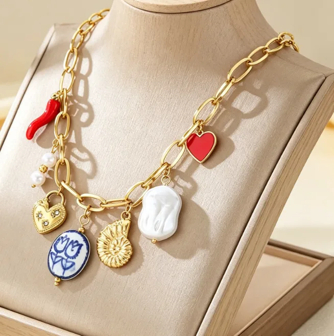 Boho Charms Pendant Necklace 18K Gold Plated Stainless Steel Paperclip Chain Baroque Pearl Necklaces for Women Vacation Trendy