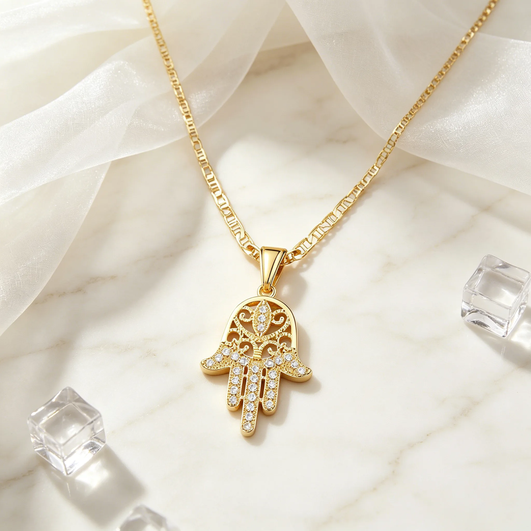 Luxury Zircon Hollow Hamsa Hand Pendant Figaro Chain Necklaces Hip Hop Trendy Evil Eye Protection Statement Women Men Jewelry view 3