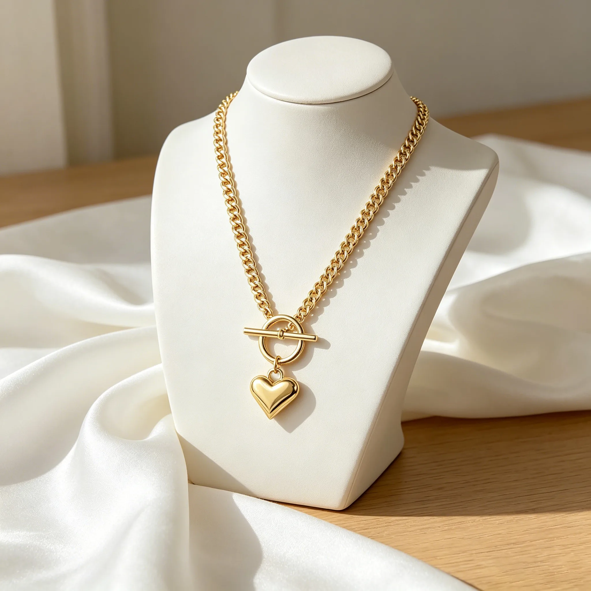 Toggle OT Clasp Heart Pendant Chunky Curb Link Chain Minimal Gold Tone Women Daily Layering Wholesale Clavicle Necklaces view 2