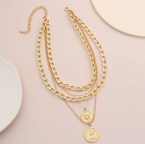Multi Layer Chunky Figaro Chain Portrait Coin Pendant Necklaces Golden Bold Vintage Unique Stackable Women Statement Necklaces