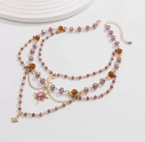 Multi Layer Iridescent Beaded Moon Star Sunburst Tassel Pendant Designer Mystic Vintage Bohemian Fashion Necklaces Jewelry for Women view 3