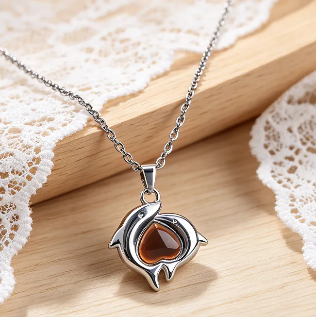 Double Dolphin Mood Pendant Necklace Color Changing Temperature Heart Necklaces for Women Animal Cute Couples Fashion Jewelry
