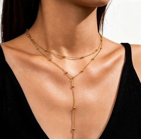 Anti-Fade Vacuum Plated Hypoallergenic Stainless Steel Double Layer Beaded Y Lariat Tassel Stackable Necklaces Jewelry for Women view 3