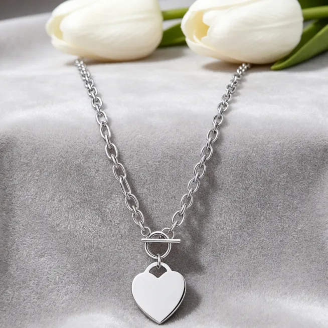 Heart Tag Toggle Clasp Chunky Chain Necklace Stainless Steel OT Necklaces for Women Statement Love Layered Bold Jewelry