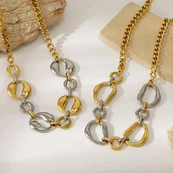 Hypoallergenic Waterproof Anti-Tarnish Stainless Steel Two Tone Irregular Oval Link Chain Punk Fashion Women Chunky Necklaces view 2