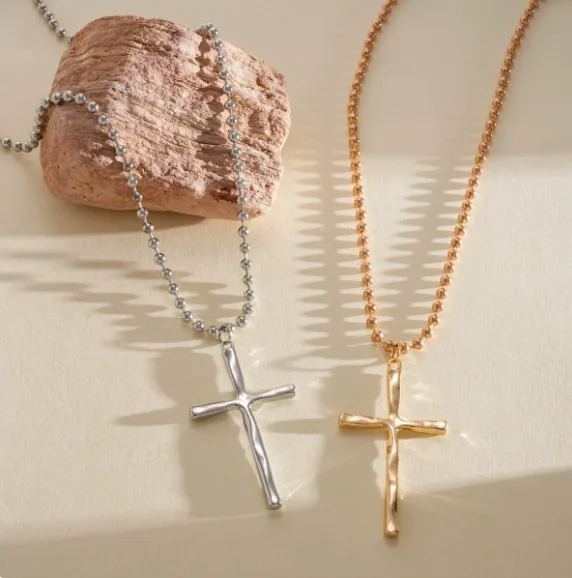 Textured Wavy Cross Pendant Round Ball Bead Chain Necklaces Gold Silver Tone Minimal Dainty Layering Jewelry for Women Daily Party