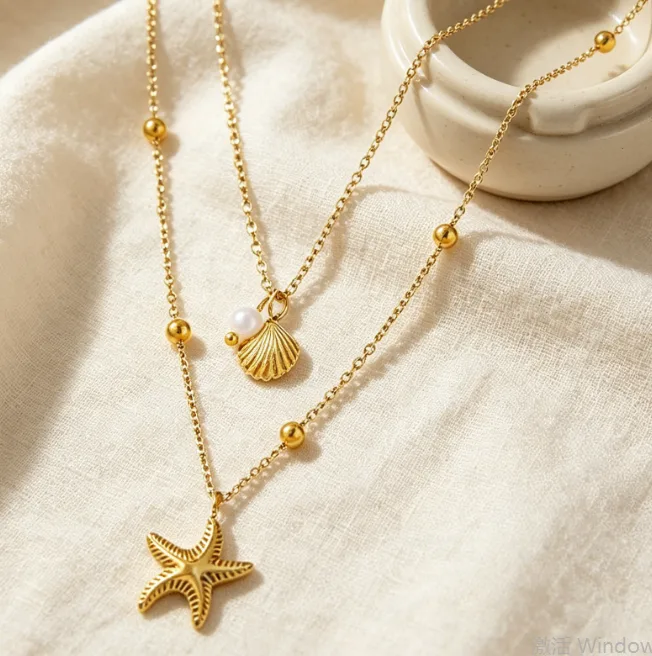 Starfish Shell Layered Pendant Necklaces for Women Beaded Ocean Beach Summer Boho Vacation Dainty Aesthetic Sea Jewelry