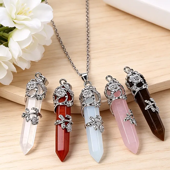 Natural Crystal Hexagonal Point Pendant Necklace Healing Gemstone Necklaces for Women Quartz Reiki Chakra Flower Amulet Jewelry view 2